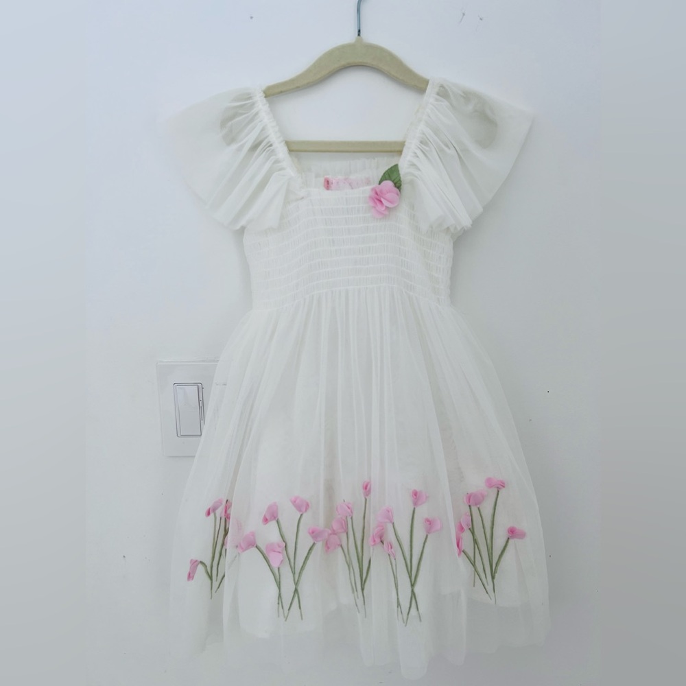 Tulle Multi Layered Dress with Pink Flowers Details